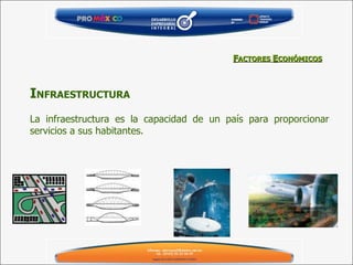 F ACTORES  E CONÓMICOS I NFRAESTRUCTURA   La infraestructura es la capacidad de un país para proporcionar servicios a sus habitantes. 