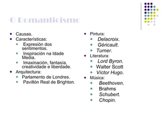 O Romanticismo Causas. Características: Expresión dos sentimentos. Inspiración na Idade Media. Imaxinación, fantasía, creatividade e liberdade. Arquitectura: Parlamento de Londres. Pavillón Real de Brighton . Pintura: Delacroix . Géricault . Turner . Literatura: Lord Byron . Walter Scott Víctor Hugo . Música: Beethoven . Brahms Schubert . Chopin . 