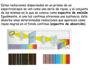 Estas radiaciones dispersadas en un prisma de un espectroscopio se ven como una serie de rayas, y el conjunto de las mismas es lo que se conoce como  espectro de emisión . Igualmente, si una luz continua atraviesa una sustancia, ésta absorbe unas determinadas radiaciones que aparecen como rayas negras en el fondo continuo ( espectro de absorción ). 