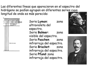 Las diferentes líneas que aparecieron en el espectro del hidrógeno se podían agrupan en diferentes series cuya longitud de onda es más parecida: Serie  Lyman : zona ultravioleta del espectro. Serie  Balmer : zona visible del espectro. Serie  Paschen zona infrarroja del espectro. Serie  Bracket : zona infrarroja del espectro. Serie  Pfund : zona infrarroja del espectro. 