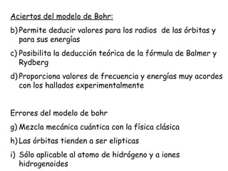 Aciertos del modelo de Bohr: Permite deducir valores para los radios  de las órbitas y para sus energías Posibilita la deducción teórica de la fórmula de Balmer y Rydberg Proporciona valores de frecuencia y energías muy acordes con los hallados experimentalmente Errores del modelo de bohr Mezcla mecánica cuántica con la física clásica Las órbitas tienden a ser elipticas Sólo aplicable al atomo de hidrógeno y a iones hidrogenoides 
