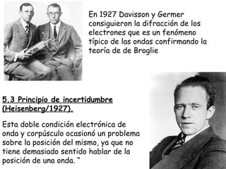 En 1927 Davisson y Germer consiguieron la difracción de los electrones que es un fenómeno típico de las ondas confirmando la teoría de de Broglie 5.3 Principio de incertidumbre (Heisenberg/1927). Esta doble condición electrónica de onda y corpúsculo ocasionó un problema sobre la posición del mismo, ya que no tiene demasiado sentido hablar de la posición de una onda. “ 