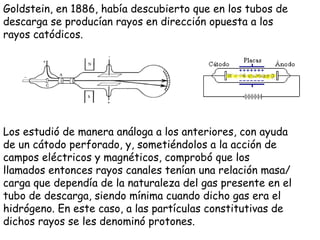 Goldstein, en 1886, había descubierto que en los tubos de descarga se producían rayos en dirección opuesta a los rayos catódicos.  Los estudió de manera análoga a los anteriores, con ayuda de un cátodo perforado, y, sometiéndolos a la acción de campos eléctricos y magnéticos, comprobó que los llamados entonces rayos canales tenían una relación masa/carga que dependía de la naturaleza del gas presente en el tubo de descarga, siendo mínima cuando dicho gas era el hidrógeno. En este caso, a las partículas constitutivas de dichos rayos se les denominó protones. 