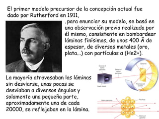 El primer modelo precursor de la concepción actual fue dado por Rutherford en 1911,  ,  para enunciar su modelo, se basó en una observación previa realizada por él mismo, consistente en bombardear láminas finísimas, de unos 400 Ă de espesor, de diversos metales (oro, plata...) con partículas α (He2+).  La mayoría atravesaban las láminas sin desviarse, unas pocas se desviaban a diversos ángulos y solamente una pequeña parte, aproximadamente una de cada 20000, se reflejaban en la lámina.  