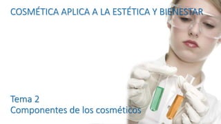 COSMÉTICA APLICA A LA ESTÉTICA Y BIENESTAR
Tema 2
Componentes de los cosméticos
 
