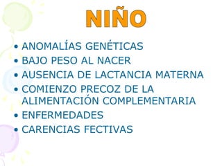 • ANOMALÍAS GENÉTICAS
• BAJO PESO AL NACER
• AUSENCIA DE LACTANCIA MATERNA
• COMIENZO PRECOZ DE LA
ALIMENTACIÓN COMPLEMENTARIA
• ENFERMEDADES
• CARENCIAS FECTIVAS
 