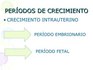 PERÍODOS DE CRECIMIENTO
PERÍODOS DE CRECIMIENTO
• CRECIMIENTO INTRAUTERINO
PERÍODO EMBRIONARIO
PERÍODO FETAL
 