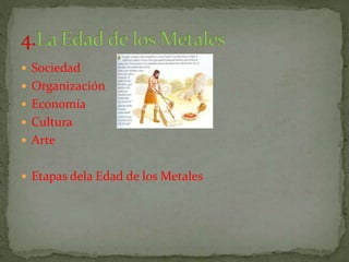  Sociedad
Organización
Economía
Cultura
Arte
Etapas dela Edad de los Metales