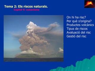 Tema 2: Els riscos naturals.  Capítol 4: vulcanisme On hi ha risc? Per què s’origina? Productes volcànics Tipus de riscos Avaluació del risc Gestió del risc 