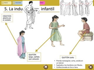 CULTURA CLÁSICA
La infancia clásica
5. La indumentaria infantil
• Prenda rectangular, corta, cosida en
un lateral.
• Sujetada a los hombros con fíbulas.
• Confeccionada en lino o lana.
 