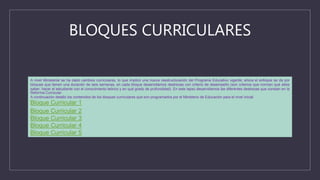 BLOQUES CURRICULARES
Reenfoque Curricular
A nivel Ministerial se ha dado cambios curriculares, lo que implicó una nueva reestructuración del Programa Educativo vigente; ahora el enfoque se da por
bloques que tienen una duración de seis semanas, en cada bloque desarrollamos destrezas con criterio de desempeño (son criterios que norman qué debe
saber, hacer el estudiante con el conocimiento teórico y en qué grado de profundidad). En este lapso desarrollamos las diferentes destrezas que constan en la
Reforma Curricular.
A continuación detallo los contenidos de los bloques curriculares que son programados por el Ministerio de Educación para el nivel inicial.
Bloque Curricular 1
Bloque Curricular 2
Bloque Curricular 3
Bloque Curricular 4
Bloque Curricular 5
 