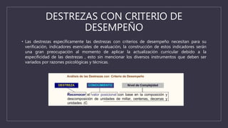 DESTREZAS CON CRITERIO DE
DESEMPEÑO
• Las destrezas específicamente las destrezas con criterios de desempeño necesitan para su
verificación, indicadores esenciales de evaluación, la construcción de estos indicadores serán
una gran preocupación al momento de aplicar la actualización curricular debido a la
especificidad de las destrezas , esto sin mencionar los diversos instrumentos que deben ser
variados por razones psicológicas y técnicas.
 
