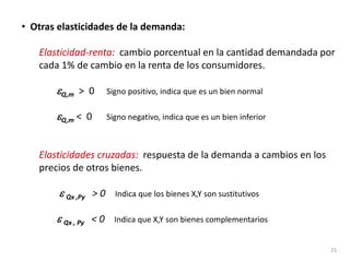 • Otras elasticidades de la demanda:
Elasticidad-renta: cambio porcentual en la cantidad demandada por
cada 1% de cambio en la renta de los consumidores.
εQ,m > 0 Signo positivo, indica que es un bien normal
εQ,m < 0 Signo negativo, indica que es un bien inferior
Elasticidades cruzadas: respuesta de la demanda a cambios en los
precios de otros bienes.
ε Qx ,Py > 0 Indica que los bienes X,Y son sustitutivos
ε Qx , Py < 0 Indica que X,Y son bienes complementarios
21
 