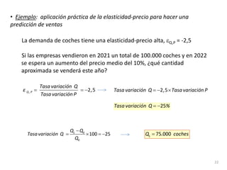 • Ejemplo: aplicación práctica de la elasticidad-precio para hacer una
predicción de ventas
La demanda de coches tiene una elasticidad-precio alta, εQ,P = -2,5
Si las empresas vendieron en 2021 un total de 100.000 coches y en 2022
se espera un aumento del precio medio del 10%, ¿qué cantidad
aproximada se venderá este año?
22
= = −2 5
Q, P
Tasa variación Q
ε ,
Tasa variación P
=
− ×
2 5
Tasa variación Q , Tasa variación P
25
= −
Tasa variación Q %
1 0
0
100 25
−
= × =
−
Q Q
Tasa variación Q
Q
1 75 000
=
Q . coches
 