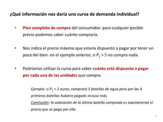 ¿Qué información nos daría una curva de demanda individual?
• Plan completo de compra del consumidor: para cualquier posible
precio podemos saber cuánto compraría.
• Nos indica el precio máximo que estaría dispuesto a pagar por tener un
poco del bien: en el ejemplo anterior, si P1 > 5 no compra nada.
• Podríamos utilizar la curva para saber cuánto está dispuesto a pagar
por cada una de las unidades que compra.
Ejemplo: si P1 = 2 euros, comprará 5 botellas de agua pero por las 4
primeras botellas hubiera pagado incluso más.
Conclusión: la valoración de la última botella comprada es exactamente el
precio que se paga por ella.
9
 