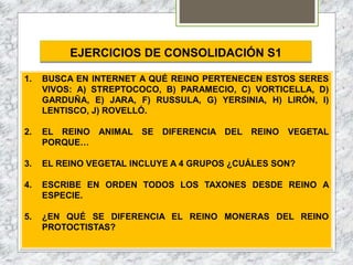 EJERCICIOS DE CONSOLIDACIÓN S1
1. BUSCA EN INTERNET A QUÉ REINO PERTENECEN ESTOS SERES
VIVOS: A) STREPTOCOCO, B) PARAMECIO, C) VORTICELLA, D)
GARDUÑA, E) JARA, F) RUSSULA, G) YERSINIA, H) LIRÓN, I)
LENTISCO, J) ROVELLÓ.
2. EL REINO ANIMAL SE DIFERENCIA DEL REINO VEGETAL
PORQUE…
3. EL REINO VEGETAL INCLUYE A 4 GRUPOS ¿CUÁLES SON?
4. ESCRIBE EN ORDEN TODOS LOS TAXONES DESDE REINO A
ESPECIE.
5. ¿EN QUÉ SE DIFERENCIA EL REINO MONERAS DEL REINO
PROTOCTISTAS?
 
