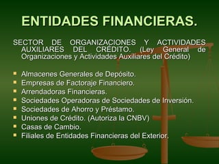 ENTIDADES FINANCIERAS.
SECTOR DE ORGANIZACIONES Y ACTIVIDADES
  AUXILIARES DEL CRÉDITO. (Ley General de
  Organizaciones y Actividades Auxiliares del Crédito)

   Almacenes Generales de Depósito.
   Empresas de Factoraje Financiero.
   Arrendadoras Financieras.
   Sociedades Operadoras de Sociedades de Inversión.
   Sociedades de Ahorro y Préstamo.
   Uniones de Crédito. (Autoriza la CNBV)
   Casas de Cambio.
   Filiales de Entidades Financieras del Exterior.
 