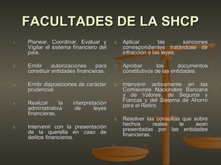 FACULTADES DE LA SHCP
1.   Planear, Coordinar, Evaluar y       6.   Aplicar        las      sanciones
     Vigilar el sistema financiero del        correspondientes tratándose de
     país.                                    infracción a las leyes.

2.   Emitir     autorizaciones    para   7.   Aprobar        los     documentos
     constituir entidades financieras.        constitutivos de las entidades.

3.   Emitir disposiciones de carácter    8.   Intervenir activamente en las
     prudencial.                              Comisiones Nacionales Bancaria
                                              y de Valores, de Seguros y
4.   Realizar     la   interpretación         Fianzas y del Sistema de Ahorro
                                              para el Retiro.
     administrativa     de      leyes
     financieras.
                                         9.   Resolver las consultas que sobre
5.   Intervenir con la presentación           hechos       reales   le    sean
                                              presentadas por las entidades
     de la querella en caso de                financieras.
     delitos financieros.
 