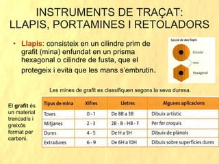 INSTRUMENTS DE TRAÇAT: LLAPIS, PORTAMINES I RETOLADORS Llapis : consisteix en un cilindre prim de grafit (mina) enfundat en un prisma hexagonal o cilindre de fusta, que el protegeix i evita que les mans s’embrutin . El  grafit  és un material trencadís i greixós format per carboni. Les mines de grafit es classifiquen segons la seva duresa.  