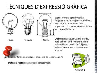 Esbós: primera aproximació a
                                                 l’objecte estudiat mitjançant el dibuix
                                                 a mà alçada de les línies més
                                                 importants. Forma imprescindible per
                                                 reconèixer l’objecte


                                                 Croquis: pas següent, a mà alçada,
Esbós            Croquis             Tècnic
                                                 però definint amb major detall els
                                                 volums i la proporció de l’objecte.
                                                 Més aproximació a la realitat, més
                                                 precisió

Encaixar l’objecte al paper: proporció de les seves parts

Definir la resta: detalls que el caracteritzen

                                                                      Activitat 1
 