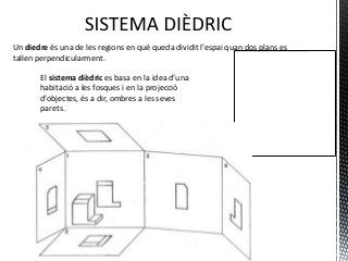 Un diedre és una de les regions en què queda dividit l’espai quan dos plans es
tallen perpendicularment.

       El sistema dièdric es basa en la idea d’una
       habitació a les fosques i en la projecció
       d’objectes, és a dir, ombres a les seves
       parets.
 