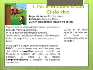 1. Por el encuentro con
                               Cristo vivo
                     Lugar de encuentro: Jerusalén.
                     Personas: Zaqueo y Jesús
                     ¿Quién era zaqueo? ¿Quién era Jesús?

Zaqueo nos enseña la importancia de buscar a
Jesús de manera decidida.                            ¿Cuál es el árbol
En la fe, hay un movimiento humano                   que te permite ver
necesario: la curiosidad, el deseo, el interés por   a      Jesús     o
Jesús, por su palabra, por su persona, por su        encontrarte con su
Reino.                                               mirada?

¿Qué significó aquél encuentro para Zaqueo?
TODO… a partir de ese momento Zaqueo baja
del árbol convertido porque aceptó sin
titubeos la palabra de Jesús, le abrió el
corazón,     su    casa    y     su    bolsillo
comprometiéndose a arreglar las injusticias
cometidas.
 