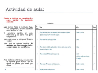 Actividad de aula: Vamos a realizar un storyboard a para contar la siguiente historia: Juan  camina hacia el instituto;  Ana , una compañera, le llama desde el otro lado de la calle. El semáforo cambia en este momento y se pone rojo para los peatones. Juan espera que se ponga verde para cruzar. Ideas que se quieren explicar:  El respeto por las normas viales; en este caso, los semáforos. Para facilitaros el trabajo, puedes usar el siguiente guión técnico  que te detalla los planos que tienes que dibujar 