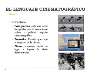 EL LENGUAJE CINEMATOGRÁFICO Estructura Fotogramas:  cada una de las fotografías que se impresionan sobre la película negativa cinematográfica Encuadre:  Espacio que capta el objetivo de la cámara. Plano:  encuadre desde un lugar y ángulo de visión determinados: El cine   