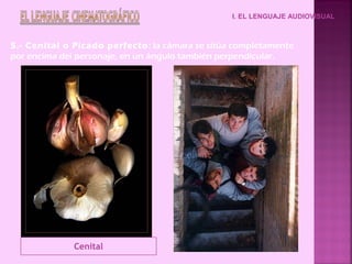 I. EL LENGUAJE AUDIOVISUAL



5.- Cenital o Picado perfecto : la cámara se sitúa completamente
por encima del personaje, en un ángulo también perpendicular.




              Cenital
 