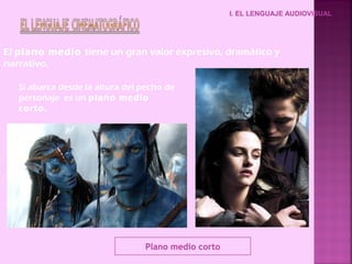 I. EL LENGUAJE AUDIOVISUAL




El plano medio tiene un gran valor expresivo, dramático y
narrativo.

   Si abarca desde la altura del pecho de
   personaje es un plano medio
   corto.




                                 Plano medio corto
 