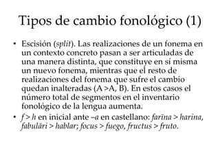 Tipos de cambio fonológico (1)
• Escisión (split). Las realizaciones de un fonema en
un contexto concreto pasan a ser articuladas de
una manera distinta, que constituye en sí misma
un nuevo fonema, mientras que el resto de
realizaciones del fonema que sufre el cambio
quedan inalteradas (A >A, B). En estos casos el
número total de segmentos en el inventario
fonológico de la lengua aumenta.
• f > h en inicial ante –a en castellano: farīna > harina,
fabulāri > hablar; focus > fuego, fructus > fruto.
 