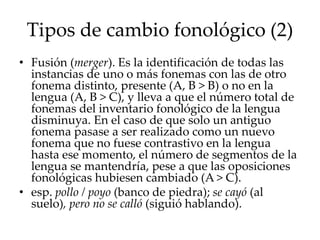 Tipos de cambio fonológico (2)
• Fusión (merger). Es la identificación de todas las
instancias de uno o más fonemas con las de otro
fonema distinto, presente (A, B > B) o no en la
lengua (A, B > C), y lleva a que el número total de
fonemas del inventario fonológico de la lengua
disminuya. En el caso de que solo un antiguo
fonema pasase a ser realizado como un nuevo
fonema que no fuese contrastivo en la lengua
hasta ese momento, el número de segmentos de la
lengua se mantendría, pese a que las oposiciones
fonológicas hubiesen cambiado (A > C).
• esp. pollo / poyo (banco de piedra); se cayó (al
suelo), pero no se calló (siguió hablando).
 