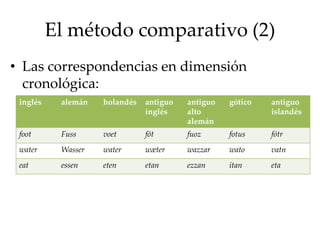 El método comparativo (2)
• Las correspondencias en dimensión
cronológica:
inglés alemán holandés antiguo
inglés
antiguo
alto
alemán
gótico antiguo
islandés
foot Fuss voet fōt fuoz fotus fótr
water Wasser water wæter wazzar wato vatn
eat essen eten etan ezzan itan eta
 