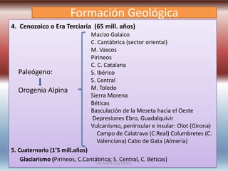 Formación Geológica
4. Cenozoico o Era Terciaria (65 mill. años)
Macizo Galaico
C. Cantábrica (sector oriental)
M. Vascos
Pirineos
C. C. Catalana
S. Ibérico
S. Central
M. Toledo
Sierra Morena
Béticas
Basculación de la Meseta hacia el Oeste
Depresiones Ebro, Guadalquivir
Vulcanismo, peninsular e insular: Olot (Girona)
Campo de Calatrava (C.Real) Columbretes (C.
Valenciana) Cabo de Gata (Almería)
5. Cuaternario (1’5 mill.años)
Glaciarismo (Pirineos, C.Cantábrica; S. Central, C. Béticas)
Paleógeno:
Orogenia Alpina
Ave María Casa Madre
 