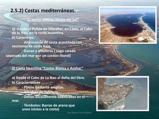 2.5.2) Costas mediterráneas.
1) Sector bético, “Costa del Sol”
a) Desde el Peñón de Gibraltar, en Cádiz, al Cabo
de la Nao, en la costa levantina.
b) Caracteres.
- Alternancia de costa acantilada con
secciones de costa baja.
- Dunas y albuferas ( Lago salado
separado del mar por un cordón litoral)
2) Costa levantina “Costas Blanca y Azahar”
a) Desde el Cabo de La Nao al delta del Ebro.
b) Características
- Playas bastante amplias.
- Albufera de Valencia.
- Deltas escasamente adentrados en el
mar.
- Tómbolos: Barras de arena que
unen islotes a la costa)
Ave María Casa Madre
 