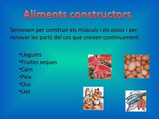 Serveixen per construir els músculs i els ossos i per renovar les parts del cos que creixen contínuament. Llegums Fruites seques Carn Peix Ous Llet  