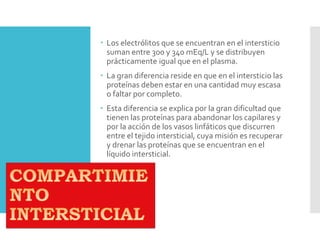  Los electrólitos que se encuentran en el intersticio
suman entre 300 y 340 mEq/L y se distribuyen
prácticamente igual que en el plasma.
 La gran diferencia reside en que en el intersticio las
proteínas deben estar en una cantidad muy escasa
o faltar por completo.
 Esta diferencia se explica por la gran dificultad que
tienen las proteínas para abandonar los capilares y
por la acción de los vasos linfáticos que discurren
entre el tejido intersticial, cuya misión es recuperar
y drenar las proteínas que se encuentran en el
líquido intersticial.
 