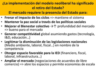 ¿La implementación del modelo neoliberal ha significado
el retiro del Estado?
El mercado requiere la presencia del Estado para:
• Frenar el impacto de los ciclos => mantiene el sistema
• Mantener la paz social a través de las políticas sociales
• Mejorar el Bienestar colectivo →↑ profundidad del mercado
=> bueno para el mercado
• Generar competitividad global asumiendo gastos (tecnología,
I&D, educación…)
• Legitimar la disminución de las legislaciones nacionales
(Medio ambiente, laboral, fiscal…) en nombre de la
competencia
• Otorgar espacio favorable para la IED (financiero, fiscal,
laboral, infraestructura…)
• Ampliar el mercado (negociaciones de acuerdos de libre
comercio) => abre los espacios y permite economías de escala
 
