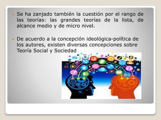  Se ha zanjado también la cuestión por el rango de
las teorías: las grandes teorías de la lista, de
alcance medio y de micro nivel.
 De acuerdo a la concepción ideológica-política de
los autores, existen diversas concepciones sobre
Teoría Social y Sociedad
 