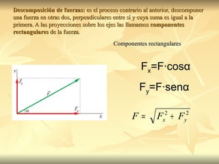 Descomposición de fuerzas: es el proceso contrario al anterior, descomponer
una fuerza en otras dos, perpendiculares entre sí y cuya suma es igual a la
primera. A las proyecciones sobre los ejes las llamamos componentes
rectangulares de la fuerza.
                                       Componentes rectangulares



                                                  Fx=F·cosα
                                                 Fy=F·senα

                                              F=        F + F
                                                          x
                                                           2
                                                                   y
                                                                    2
 