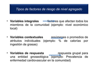 • Variables integrales factores que afectan todos los
miembros de la comunidad (ejemplo: nivel económico
local)
• Variables contextuales resúmenes o promedios de
atributos individuales (ejemplo: % de calorías por
ingestión de grasas)
• Variables de respuesta respuesta grupal para
una entidad gnoseológica (ejemplo: Prevalencia de
enfermedad cardiovascular en la comunidad)
Tipos de factores de riesgo de nivel agregado
 