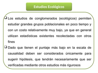  Los estudios de conglomerados (ecológicos) permiten
estudiar grandes grupos poblacionales en poco tiempo y
con un costo relativamente muy bajo, ya que en general
utilizan estadísticas existentes recolectadas con otros
fines
 Dado que tienen el puntaje más bajo en la escala de
causalidad deben ser considerados únicamente para
sugerir hipótesis, que tendrán necesariamente que ser
verificadas mediante otros estudios más rigurosos
Estudios Ecológicos
 