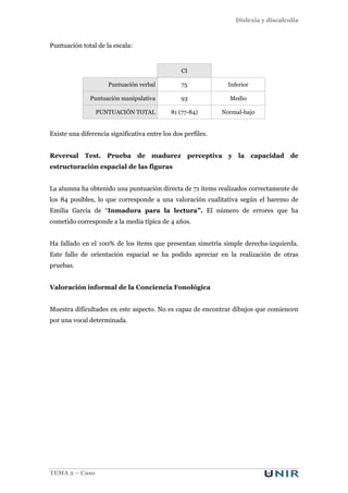 Dislexia y discalculia
TEMA 2 – Caso
Puntuación total de la escala:
CI
Puntuación verbal 75 Inferior
Puntuación manipulativa 93 Medio
PUNTUACIÓN TOTAL 81 (77-84) Normal-bajo
Existe una diferencia significativa entre los dos perfiles.
Reversal Test. Prueba de madurez perceptiva y la capacidad de
estructuración espacial de las figuras
La alumna ha obtenido una puntuación directa de 71 ítems realizados correctamente de
los 84 posibles, lo que corresponde a una valoración cualitativa según el baremo de
Emilia García de “Inmadura para la lectura”. El número de errores que ha
cometido corresponde a la media típica de 4 años.
Ha fallado en el 100% de los ítems que presentan simetría simple derecha-izquierda.
Este fallo de orientación espacial se ha podido apreciar en la realización de otras
pruebas.
Valoración informal de la Conciencia Fonológica
Muestra dificultades en este aspecto. No es capaz de encontrar dibujos que comiencen
por una vocal determinada.
 