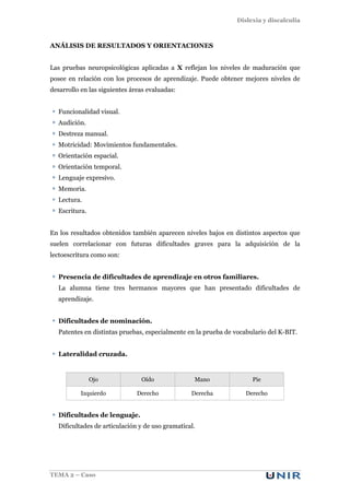 Dislexia y discalculia
TEMA 2 – Caso
ANÁLISIS DE RESULTADOS Y ORIENTACIONES
Las pruebas neuropsicológicas aplicadas a X reflejan los niveles de maduración que
posee en relación con los procesos de aprendizaje. Puede obtener mejores niveles de
desarrollo en las siguientes áreas evaluadas:
Funcionalidad visual.
Audición.
Destreza manual.
Motricidad: Movimientos fundamentales.
Orientación espacial.
Orientación temporal.
Lenguaje expresivo.
Memoria.
Lectura.
Escritura.
En los resultados obtenidos también aparecen niveles bajos en distintos aspectos que
suelen correlacionar con futuras dificultades graves para la adquisición de la
lectoescritura como son:
Presencia de dificultades de aprendizaje en otros familiares.
La alumna tiene tres hermanos mayores que han presentado dificultades de
aprendizaje.
Dificultades de nominación.
Patentes en distintas pruebas, especialmente en la prueba de vocabulario del K-BIT.
Lateralidad cruzada.
Ojo Oído Mano Pie
Izquierdo Derecho Derecha Derecho
Dificultades de lenguaje.
Dificultades de articulación y de uso gramatical.
 