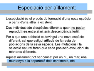 Especiació per aïllament:
L’especiació és el procés de formació d’una nova espècie
a partir d’una altra ja existent.
Dos individus són d’espècies diferents quan no poden
reproduïr-se entre sí ni tenir descendència fèrtil.
Per a que una població esdevingui una nova espècie
diferent, cal que estigui aïllada de la resta de
poblacions de la seva espècie. Les mutacions i la
selecció natural faran que cada població evolucioni de
maneres diferents.
Aquest aïllament pot ser causat per un riu, un mar, una
muntanya o la separació dels continents, etc.
 