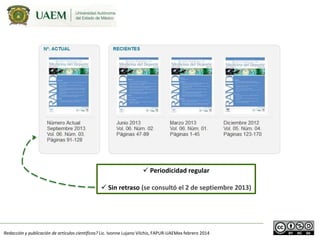  Periodicidad regular
 Sin retraso (se consultó el 2 de septiembre 2013)

Redacción y publicación de artículos científic...