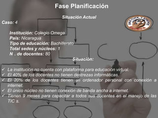 Fase Planificación
                            Situación Actual
Caso: 4

   Institución: Colegio Omega
   País: Nicaragua
   Tipo de educación: Bachillerato
   Total sedes y núcleos: 1
   N . de docentes: 80
                                 Situación:

 La institución no cuenta con plataforma para educación virtual.
 El 40% de los docentes no tienen destrezas informáticas.
 El 20% de los docentes tienen un ordenador personal con conexión a
  internet.
 El único núcleo no tienen conexión de banda ancha a internet.
 Tienen 9 meses para capacitar a todos sus docentes en el manejo de las
  TIC s.
 
