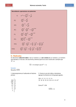Números racionales. Teoría
9
MatemáticasTEMA 2
9.- Radicales
Se denomina radical de índice n de un número a, o raíz n-ésima de un número a, al número
que elevado a n nos da a. De esta forma, diremos que b es la raíz n-ésima de a siempre que
bn
= a:
√ 𝑎
𝑛
= 𝑏 𝑠𝑖𝑒𝑚𝑝𝑟𝑒 𝑞𝑢𝑒 𝑏 𝑛
= 𝑎
Ejemplo:
Resuelve √216
3
1. descomponemos el radicando en factores
primos:
216 2
108 2
54 2
27 3
9 3
3 3
1
2. Como es una raíz cúbica, intentamos
agrupar los factores en tres grupos iguales:
216 = 2 ∙ 2 ∙ 2 ∙ 3 ∙ 3 ∙ 3 =
(2 ∙ 3) ∙ (2 ∙ 3) ∙ (2 ∙ 3) = 6 ∙ 6 ∙ 6 = 63
Como 63
= 216
√216
3
= 6
𝐼) 𝑎−𝑛
= (
1
𝑎
)
𝑛
=
1
𝑎 𝑛
𝐼𝐼) (
𝑎
𝑏
)
𝑛
=
𝑎 𝑛
𝑏 𝑛
𝐼𝐼𝐼) (
𝑎
𝑏
)
−𝑛
=
𝑏 𝑛
𝑎 𝑛
𝐼𝑉) (
𝑎
𝑏
)
𝑛
∙ (
𝑎
𝑏
)
𝑚
= (
𝑎
𝑏
)
𝑛+𝑚
𝑉) (
𝑎
𝑏
)
𝑛
: (
𝑎
𝑏
)
𝑚
= (
𝑎
𝑏
)
𝑛−𝑚
𝑉𝐼) [(
𝑎
𝑏
)
𝑛
]
𝑚
= (
𝑎
𝑏
)
𝑛 ∙𝑚
𝑉𝐼𝐼) (
𝑎
𝑏
)
𝑛
∙ (
𝑐
𝑑
)
𝑛
= (
𝑎
𝑏
∙
𝑐
𝑑
)
𝑛
= (
𝑎 ∙ 𝑐
𝑏 ∙ 𝑑
)
𝑛
𝑉𝐼𝐼𝐼) (
𝑎
𝑏
)
𝑛
: (
𝑐
𝑑
)
𝑛
= (
𝑎
𝑏
∶
𝑐
𝑑
)
𝑛
= (
𝑎 ∙ 𝑑
𝑏 ∙ 𝑐
)
𝑛
Recordatorio: operaciones con potencias:
 