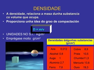 DENSIDADE A densidade, relaciona a masa dunha substancia co volume que ocupa. Proporciona unha idea do grao de compactación UNIDADES NO S.I.:  Kg/m 3  Emprégase moito  g/cm 3 Aire  0,012 Alcohol  0,8 Auga  1 Densidades dalgunhas substancias (g/cm 3 ) Aluminio 2,7 Cobre  8,9 Prata  10,5 Chumbo11,3   Ferro  7,8 Mercurio 13,6 Ouro  19,3 D = m/v 