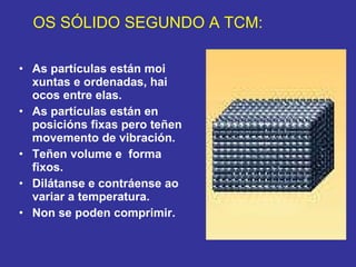 As partículas están moi xuntas e ordenadas, hai ocos entre elas. As partículas están en posicións fixas pero teñen movemento de vibración.  Teñen volume e  forma  fixos. Dilátanse e contráense ao variar a temperatura. Non se poden comprimir. OS SÓLIDO SEGUNDO A TCM: 